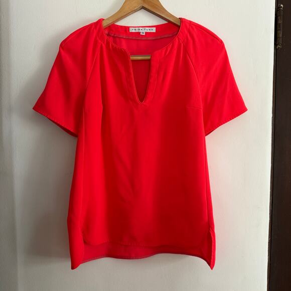 TRINA TURK | Hot Coral Split Neck Drop Hem Short Sleeve Top Neon | Size Small - Picture 1 of 8